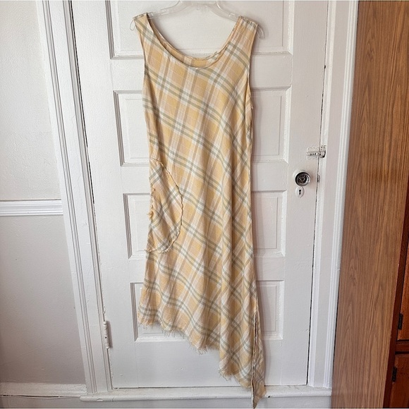 Linen Blend Sundress Yellow Plaid Asymmetrical Frayed Hem Boho Academia Maxi - Picture 8 of 17